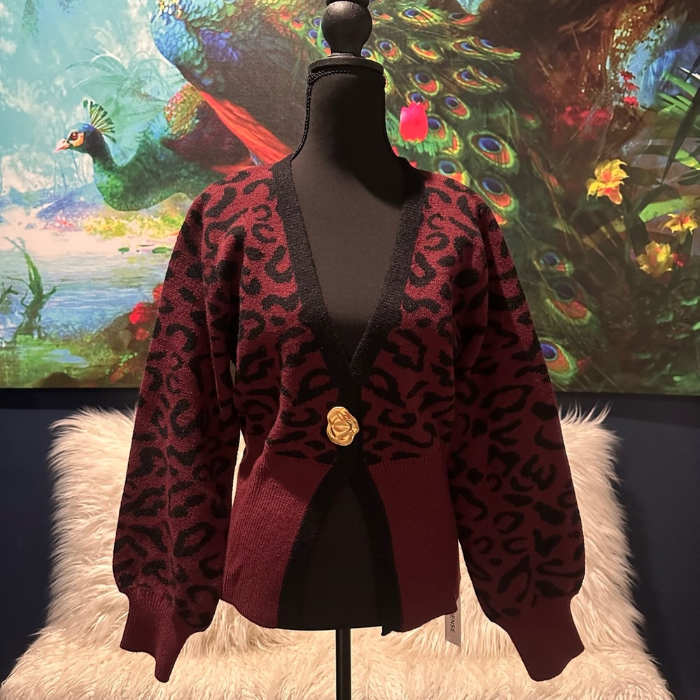 Commense Animal Print Cardigan - Burgundy and Black